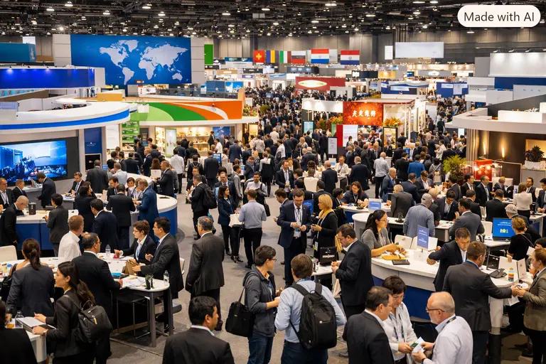A wide-angle view of a bustling international trade fair floor with busy exhibitors and attendees.