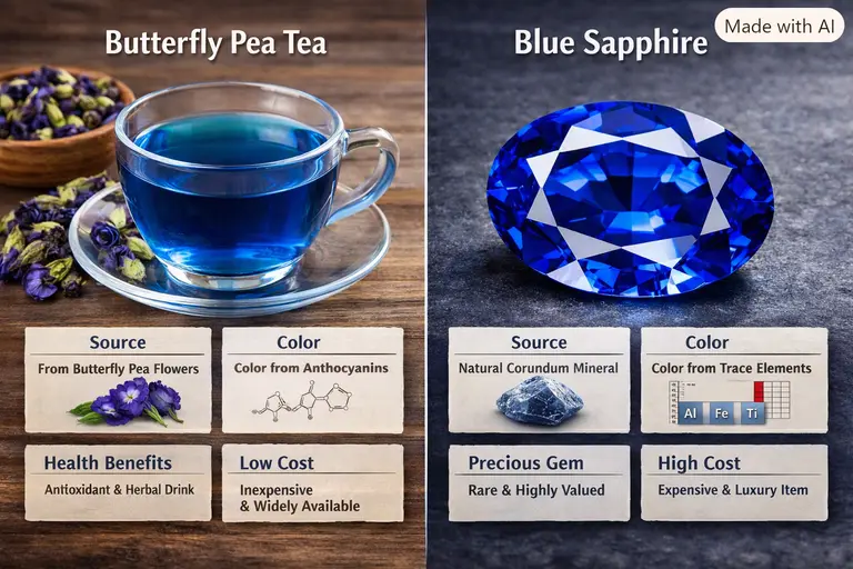 A side-by-side comparison of a cup of blue tea and a vibrant blue sapphire gemstone.