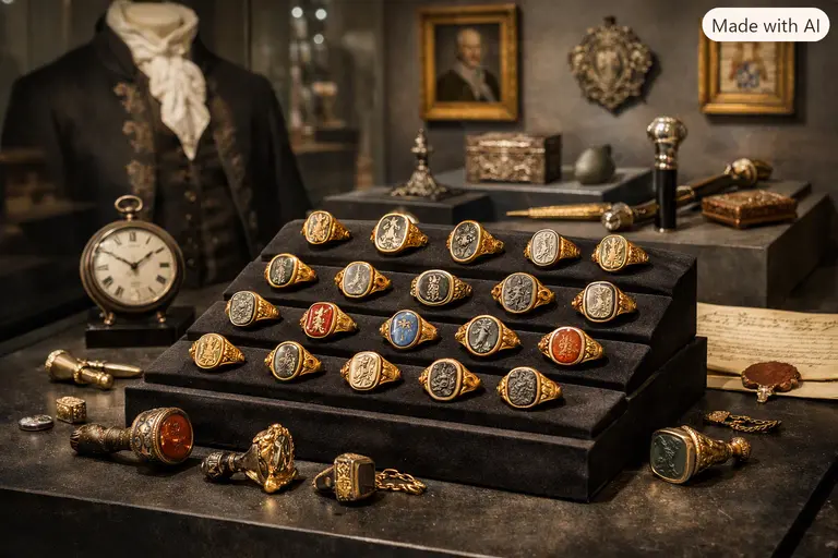 Historical examples of jewellery for men displayed in a museum exhibition.