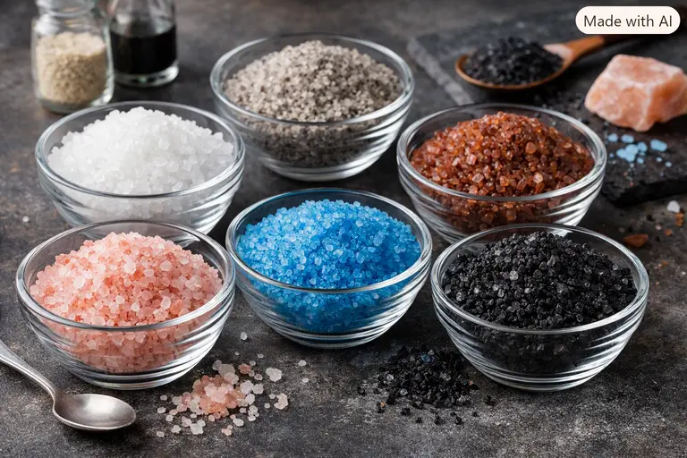 A selection of various colored salts including pink, black, and blue varieties in glass bowls.