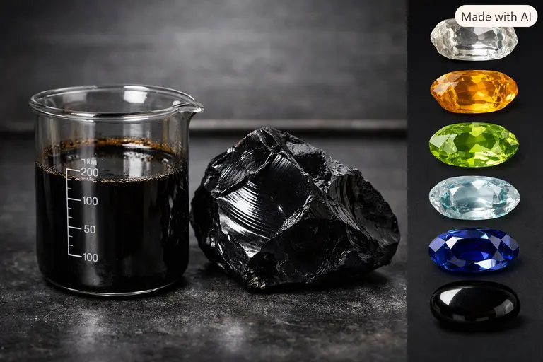 A sample of dark crude oil in a glass container next to a black obsidian stone.