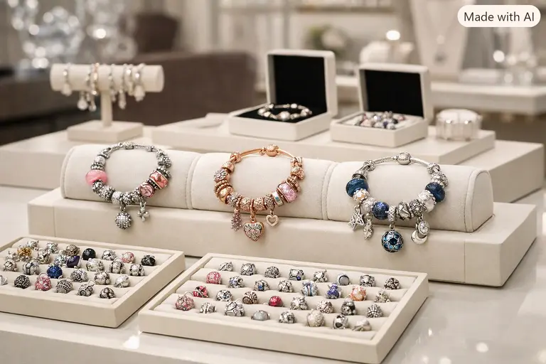 A high-end display of customisable charm bracelets from Pandora jewellery.