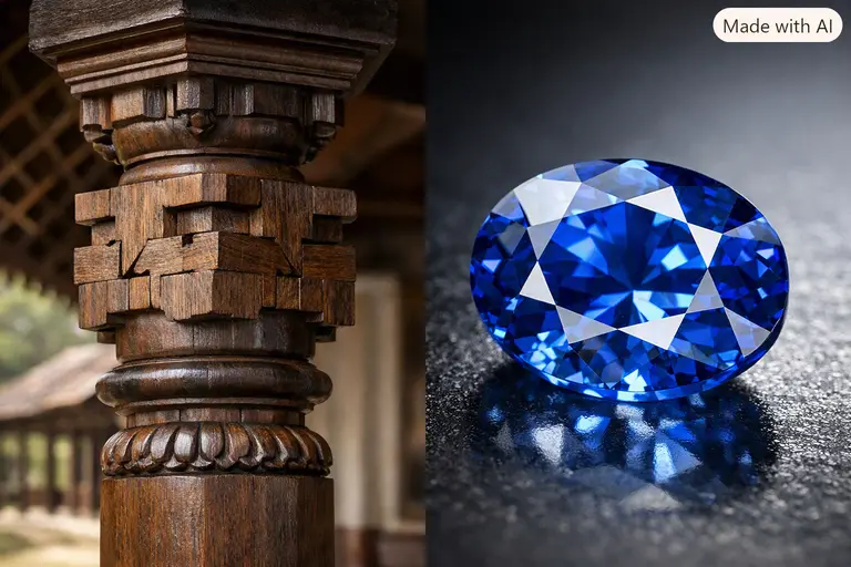 A traditional Keralam wooden pillar featuring intricate joinery next to a polished gemstone.