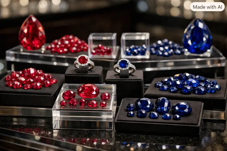 A collection of rubies and sapphires displayed in a professional jewellery store to illustrate the Colored Stones Do Good initiative.