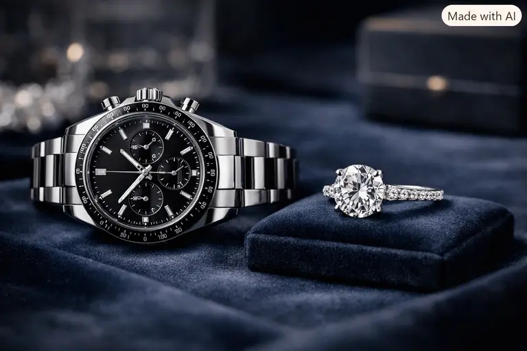 A high-end luxury jewelry and watch buying guide display showing elegant pieces.