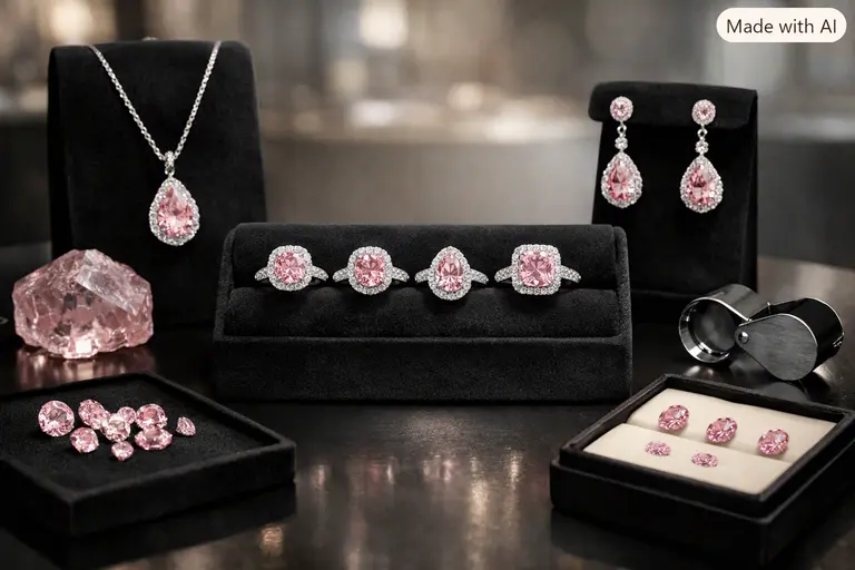 A set of rare Argyle pink diamonds displayed in a professional jewellery setting.