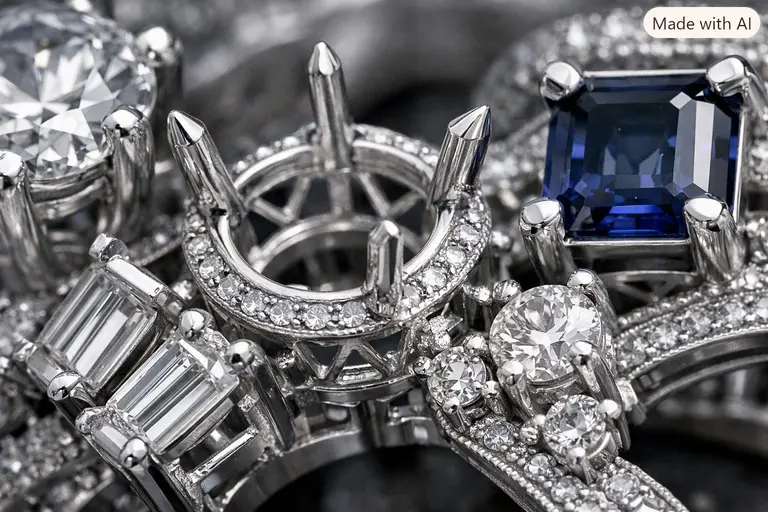 A close-up of intricate design jewellery settings showing precision prongs and settings.