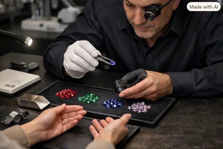 A jeweller helping a customer compare coloured gemstones to demonstrate colour vision and buying coloured gemstones principles.