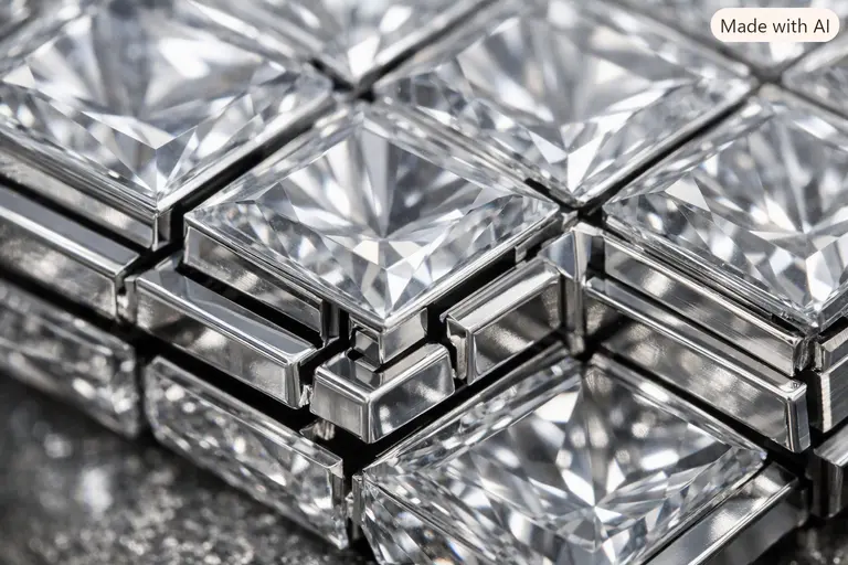 A close-up view of an invisible gemstone setting showing precision engineering.