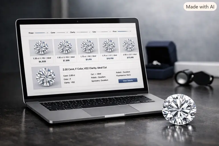 A laptop displaying a Blue Nile diamond selection interface next to a loose diamond.