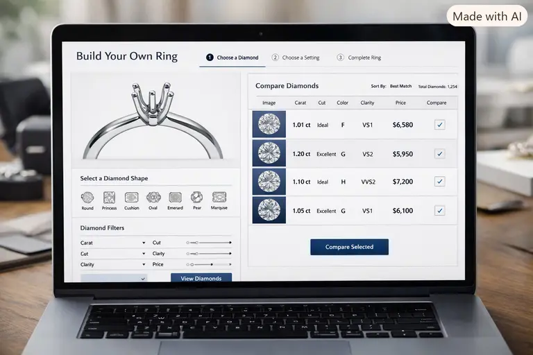 A close-up of the Blue Nile Build Your Own Ring interface on a laptop screen.