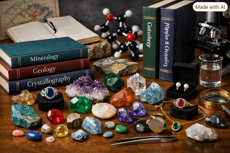 A display of various gemstones and jewellery pieces arranged next to science textbooks and research materials.