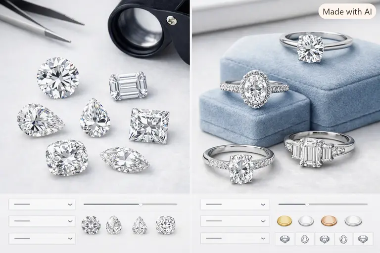 A selection of loose diamonds and pre-set rings displayed on a Blue Nile product page.
