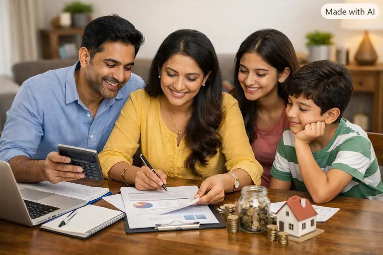 A family reviewing their monthly budget, reflecting on the importance of economic stability for Indian households.