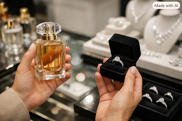 A customer reading a luxury beauty and jewellery buying guide to evaluate craftsmanship and authenticity.