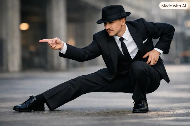 Arvidos performing a sharp locking move while wearing a suit and fedora.