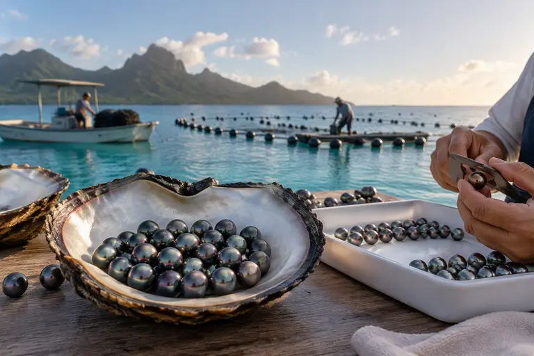 A collection of lustrous Tahitian pearls harvested from Kamoka Pearl.