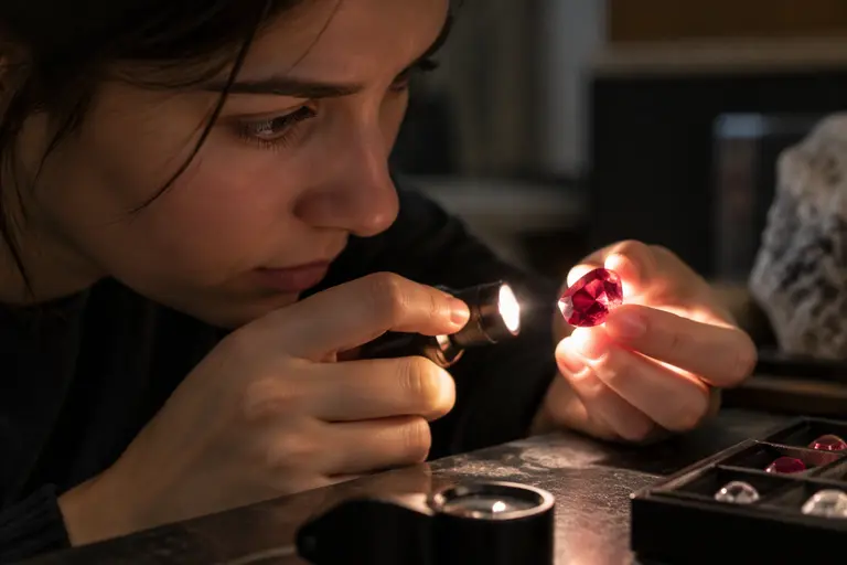 Student practising visual gemology to observe light in a faceted gemstone.