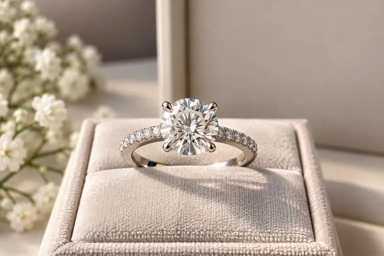 A beautiful diamond ring displayed in a modern jewellery setting.
