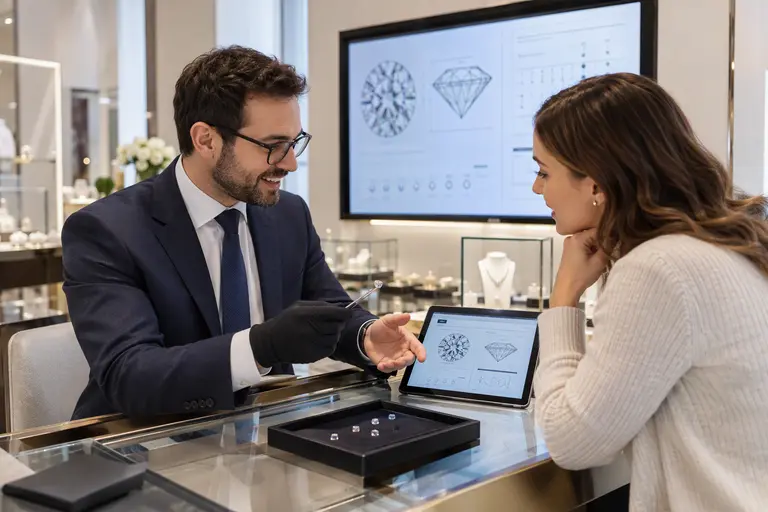 A customer reviewing a diamond engagement ring inside a retail store, illustrating the Blue Nile lessons strategy.
