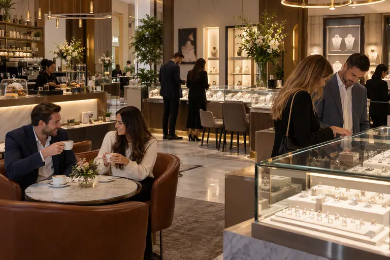 A cozy cafe corner inside a jewellery store where customers browse rings while drinking coffee.