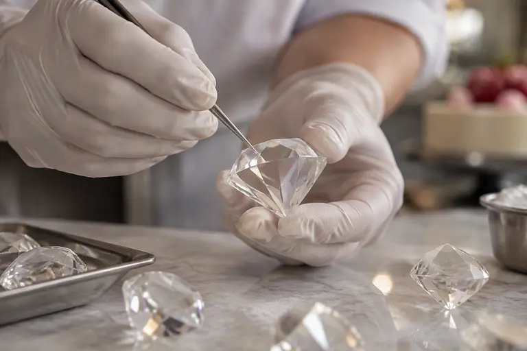 Confectionery artist shaping clear isomalt into diamond-like edible gemstones.