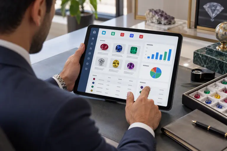 A professional using Zoho Apps on a tablet to manage gemstone inventory.