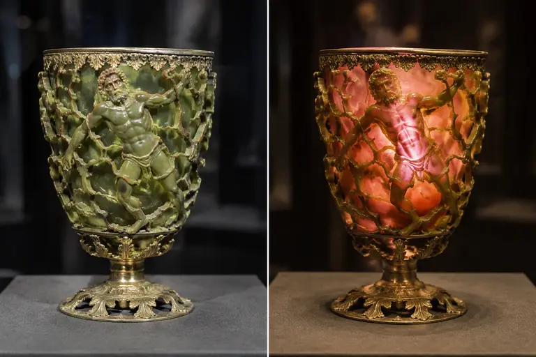 The ancient Lycurgus Cup showing its vibrant colour-changing properties.