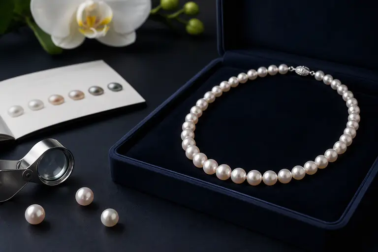 A high-quality image of a Blue Nile pearl necklace displayed on a dark background.