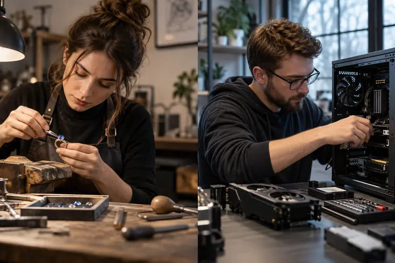 An artisan carefully setting a gemstone into a ring while a computer builder assembles hardware.