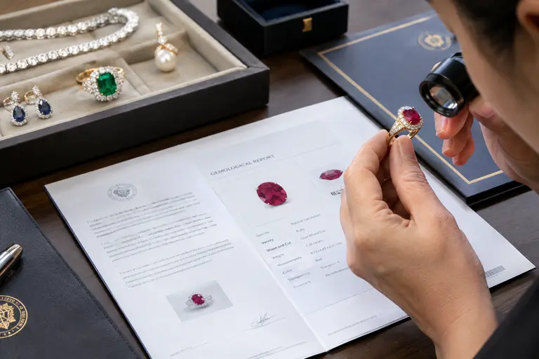 A selection of certified pre-owned jewellery displayed with authentication documents.