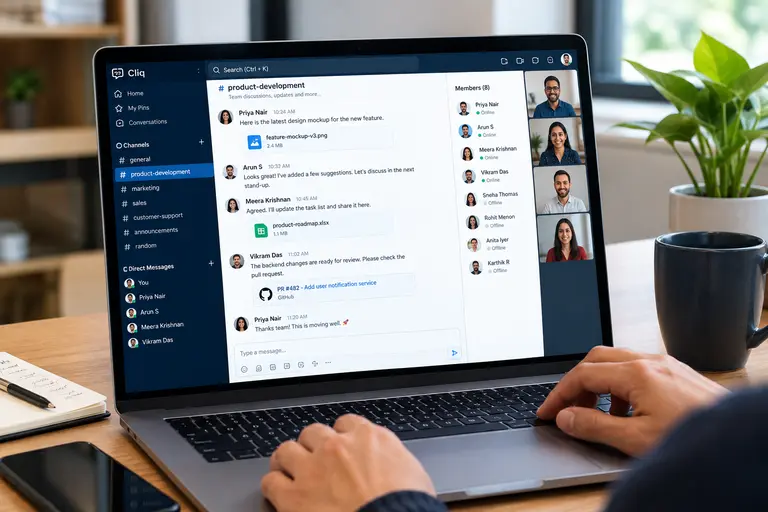 A remote team collaborating effectively using the Zoho Cliq interface.